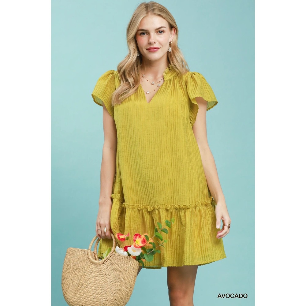 Umgee Textured Ruffle Hem Mini Dress - Avocado -‎ Small